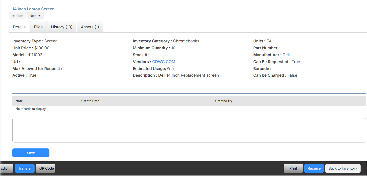 Inventory item details page.